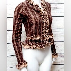 Anthropologie HWR Angora Blend Sweater Cardigan Brown Beige Fringe Trim Sz Small